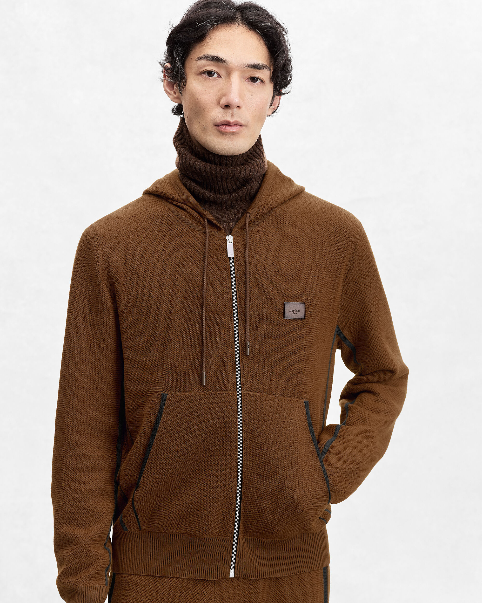 Shadow Zipped Hoodie with Leather Details, Toffee Camel, hi-res