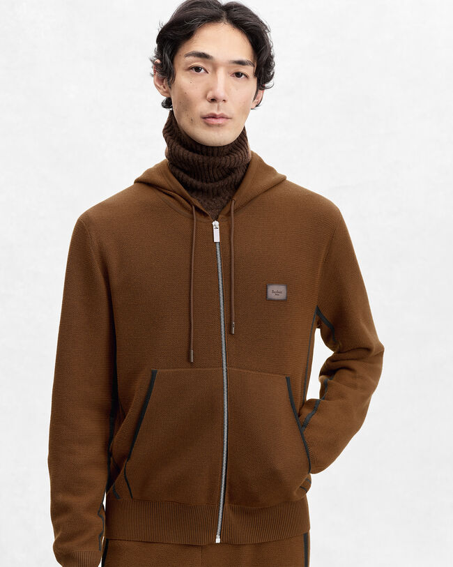 Shadow Zipped Hoodie with Leather Details, Toffee Camel, hi-res