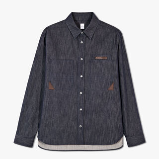 Cotton And Cashmere Denim Overshirt With Leather Details, DARK BLUE DENIM, hi-res