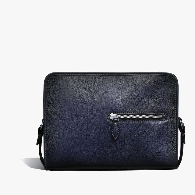 Sac Bandoulière Journalier En Cuir Scritto, INDIGO DENIM, hi-res 1