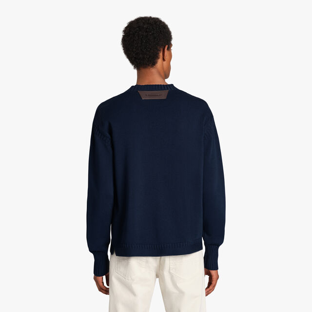 Cotton Sweater With Leather Logo Detail, PLEIADES BLUE, hi-res 3