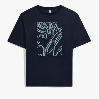 麂皮效果框架Scritto图纹T恤衫, MARINE, hi-res