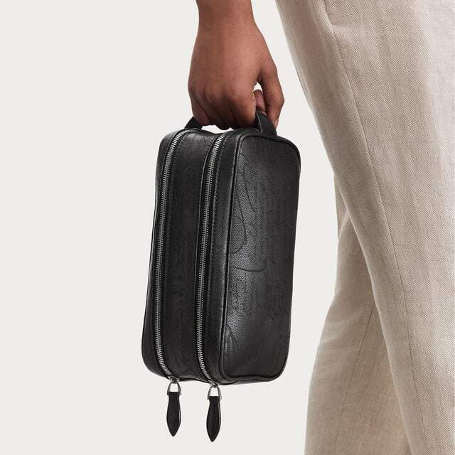 Formula 1003 Zipped Pouch In Scritto Leather, NERO GRIGIO, hi-res 2