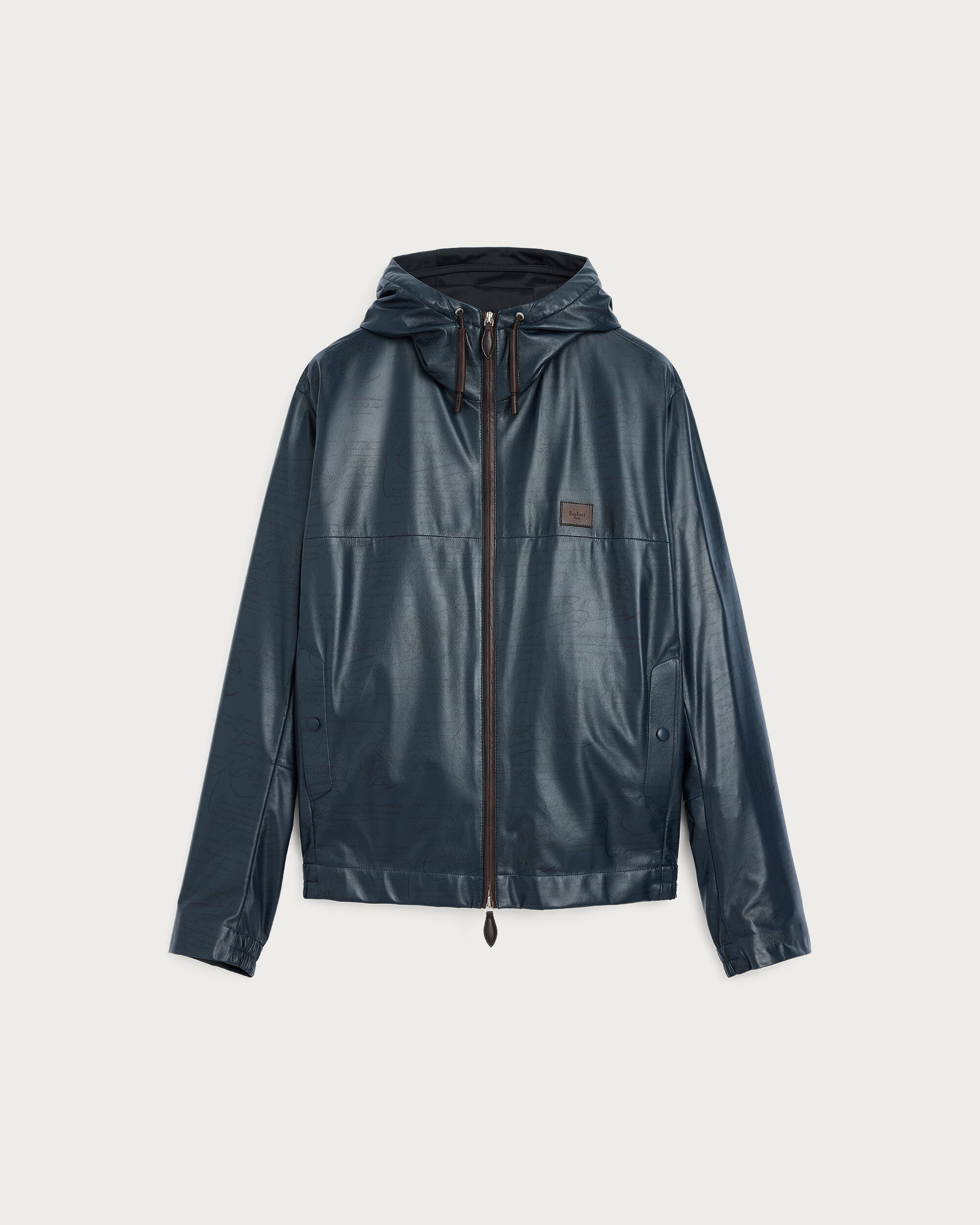 Ultralight Fly Scritto Pattern Leather Hooded Blouson, Mineral Blue, hi-res