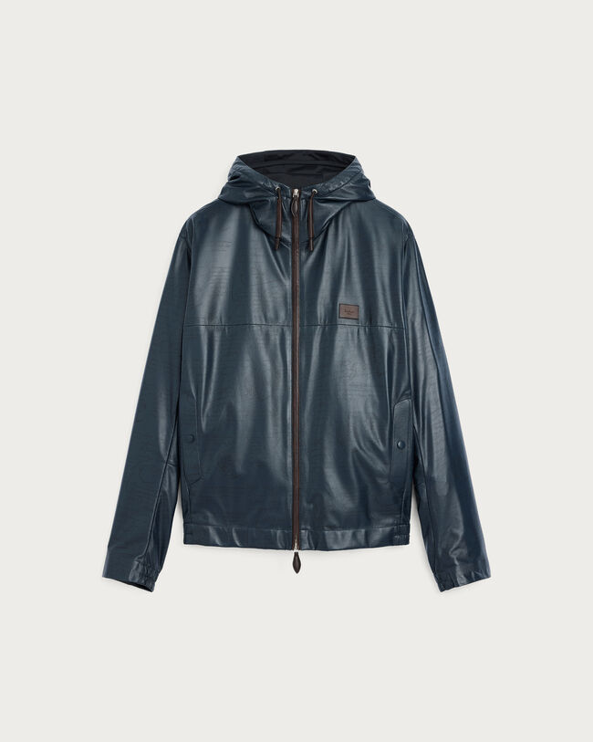 Ultralight Fly Scritto Pattern Leather Hooded Blouson, Mineral Blue, hi-res