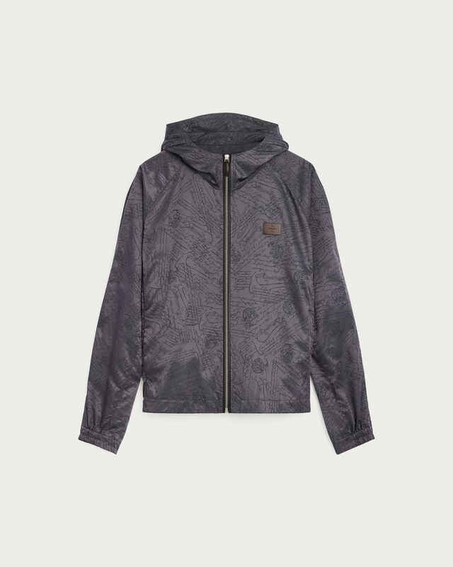Scritto Pattern Hooded Blouson with Leather Details, Warm Grey, hi-res