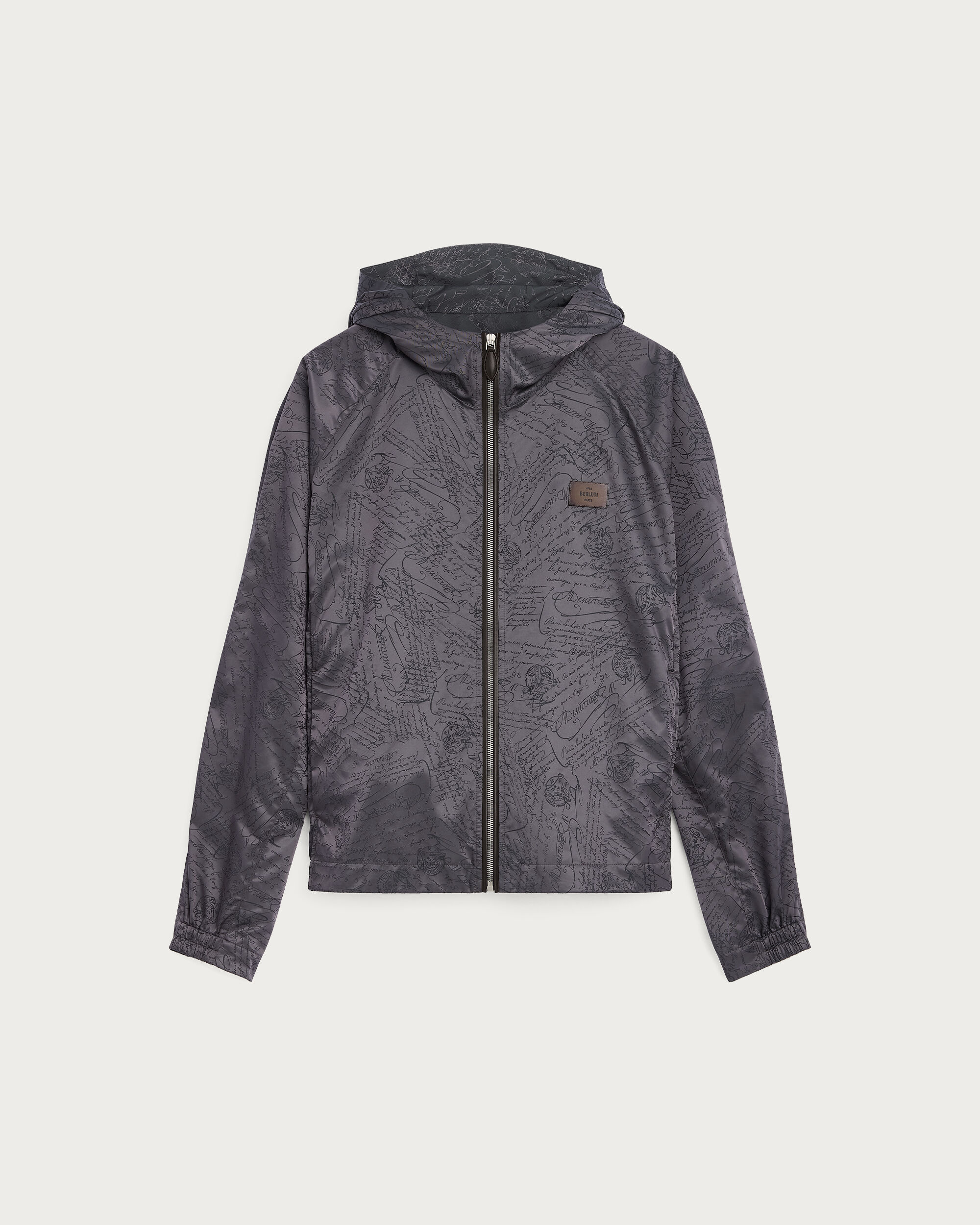 Blouson &agrave; Capuche Motif Scritto avec D&eacute;tails en Cuir, Warm Grey, hi-res