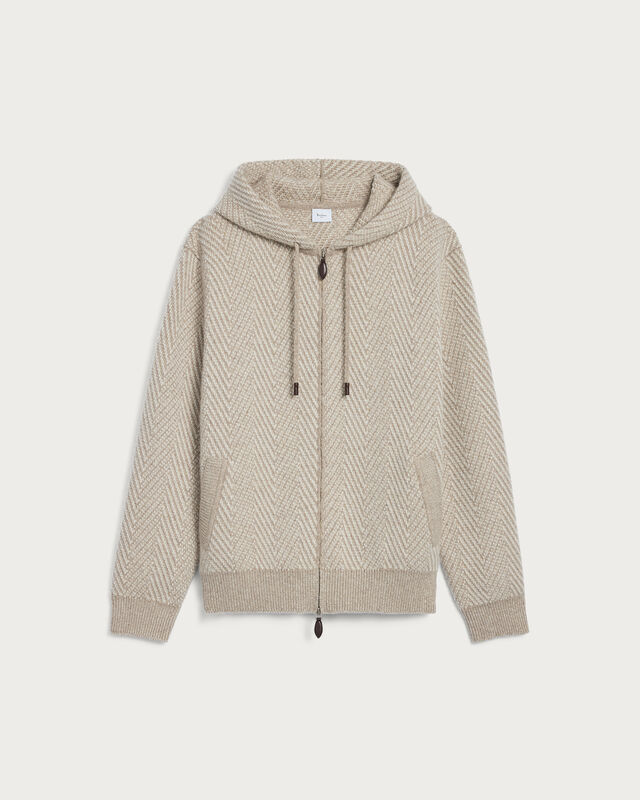 Herringbone Hoodie with Leather Zip-pullers, Warm Beige, hi-res