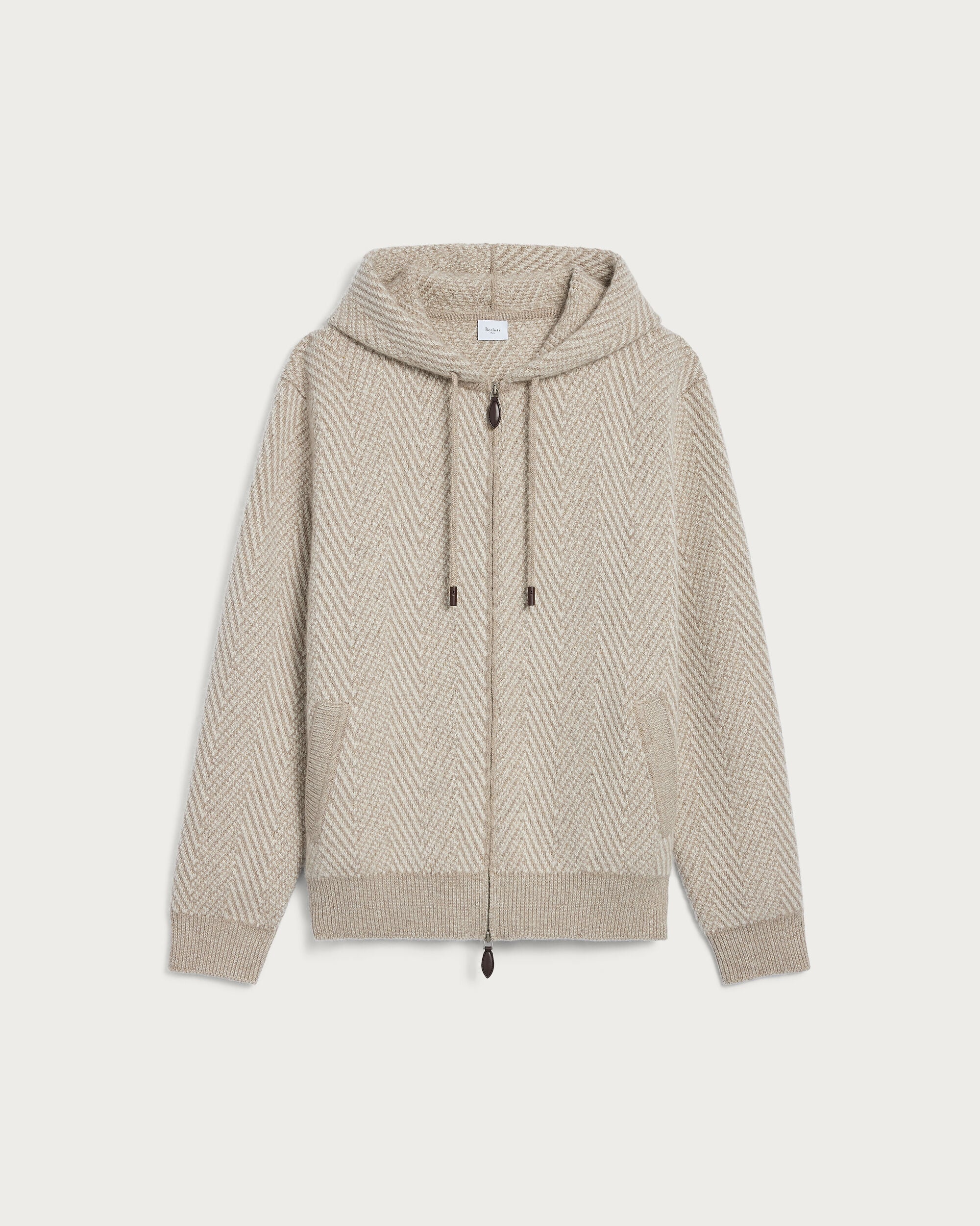 Herringbone Hoodie with Leather Zip-pullers, Warm Beige, hi-res