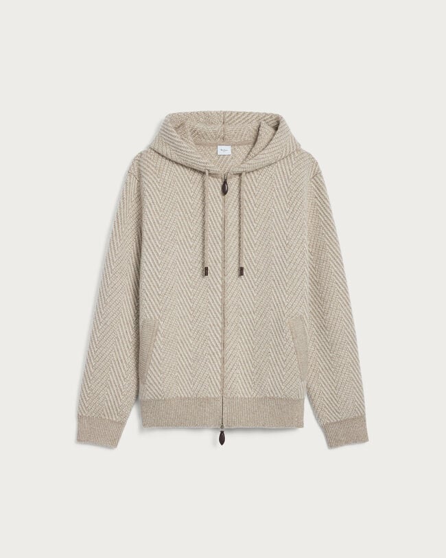 Herringbone Hoodie with Leather Zip-pullers, Warm Beige, hi-res