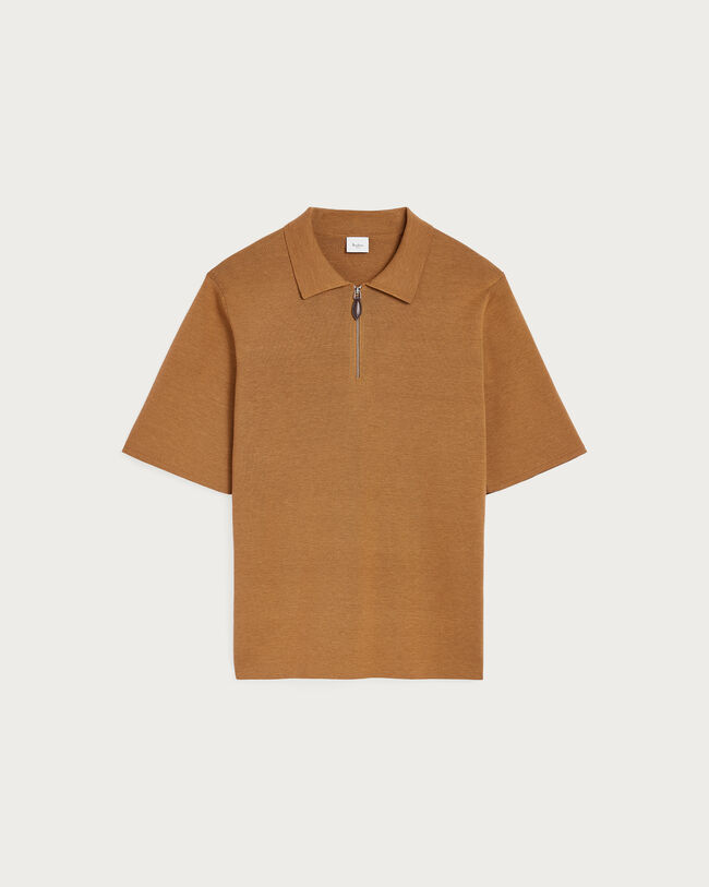 Polo avec Tirette de zip en Cuir, Tobacco, hi-res
