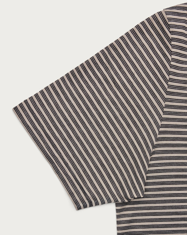 T-Shirt Col Chemin&eacute;e &agrave; Rayures, Stripes Black & Taupe, hi-res