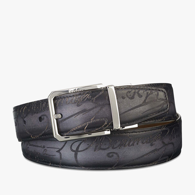 Versatile Reversible Scritto Leather Belt - 35 mm, TOBACCO BIS & NERO, hi-res 1