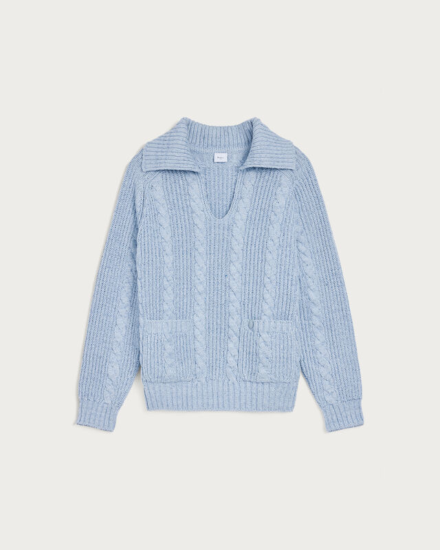 Cable Knit Vareuse with Leather Details, Periwinkle Blue, hi-res