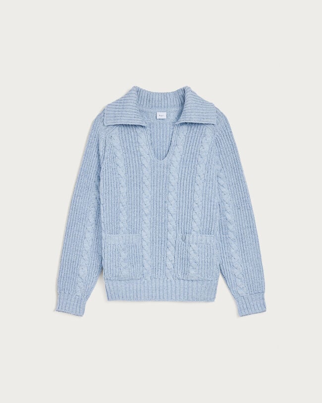 Cable Knit Vareuse with Leather Details, Periwinkle Blue, hi-res