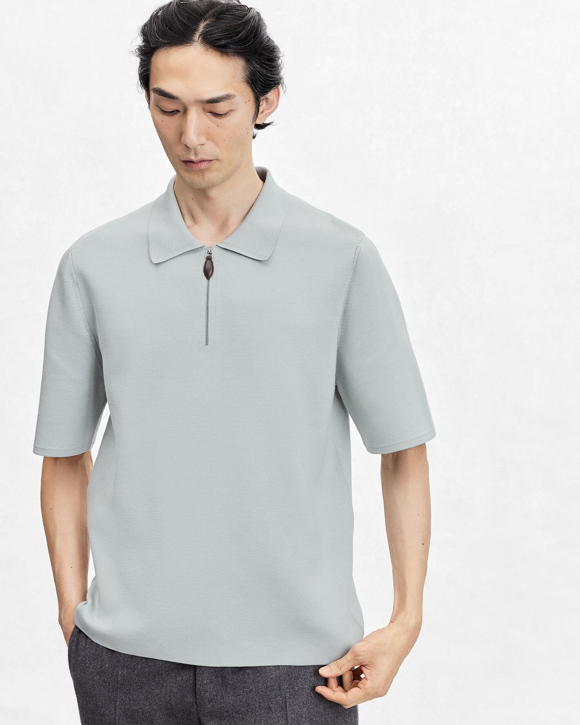Polo avec Tirette de zip en Cuir, Duck Egg, hi-res