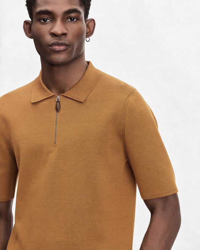 Polo avec Tirette de zip en Cuir, Tobacco, hi-res