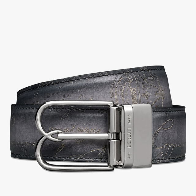 B Volute Scritto Leather 35MM Reversible Belt, CHARCOAL BROWN + LIGHT ALUMINIO, hi-res 1