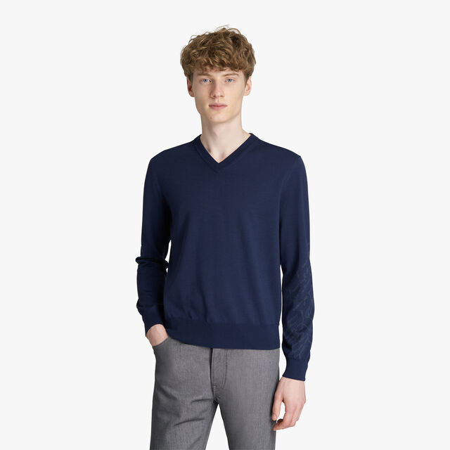 Wool V-Neck Sweater With Placed Scritto, WARM BLUE, hi-res 2