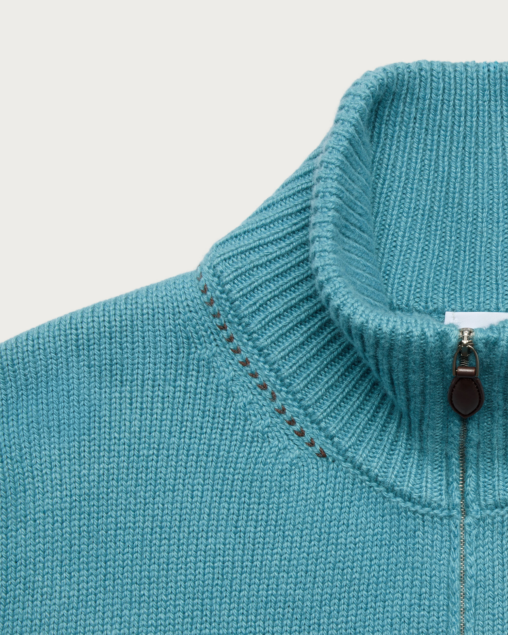 Cashmere Half-Zip with Leather Braiding Details, Teal Blue, Image 2