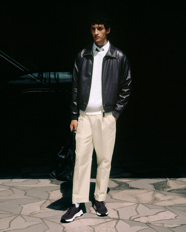 Relaxed Trousers with Leather Detail, Butter Cream, hi-res