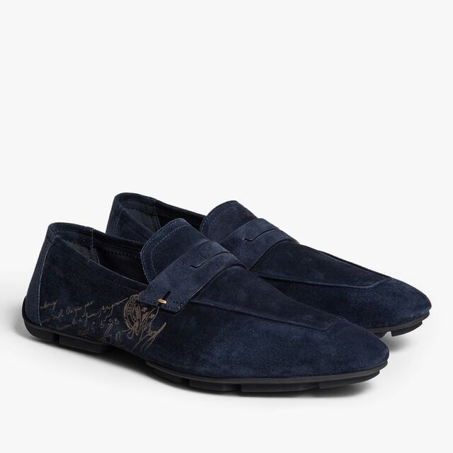 Lorenzo Drive Scritto Camoscio Calf Leather Loafer, NAVY, hi-res 4
