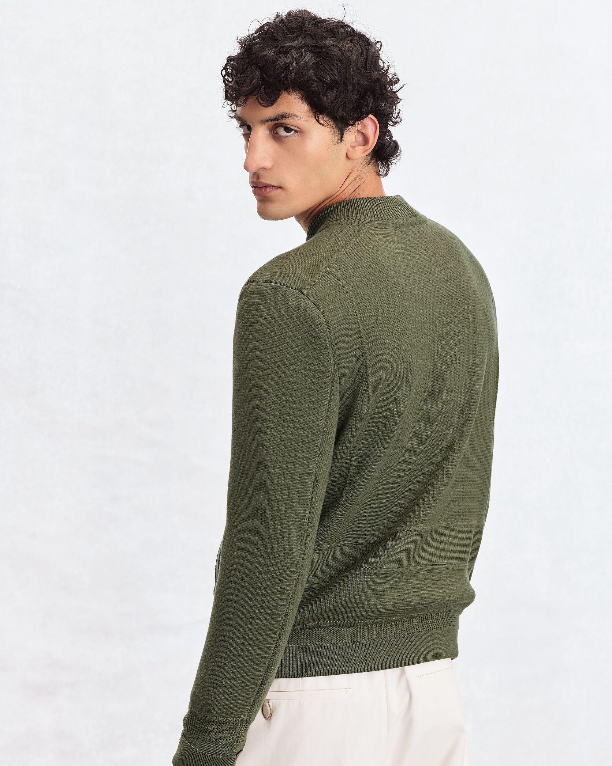 Blouson Aviateur en Maille avec D&eacute;tails en Cuir, Olive, hi-res