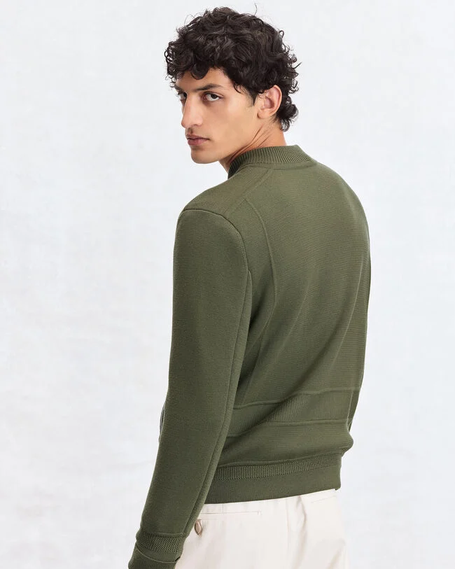 Blouson Aviateur en Maille avec D&eacute;tails en Cuir, Olive, hi-res