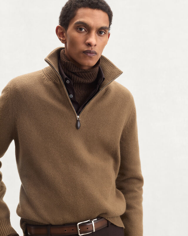 Pull à Col Zippé et Détail Cuir Tressé, Walnut, hi-res