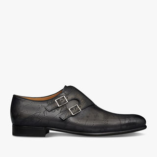 Patchwork Galet Scritto Leather Double Monk Shoe, NERO GRIGIO, hi-res