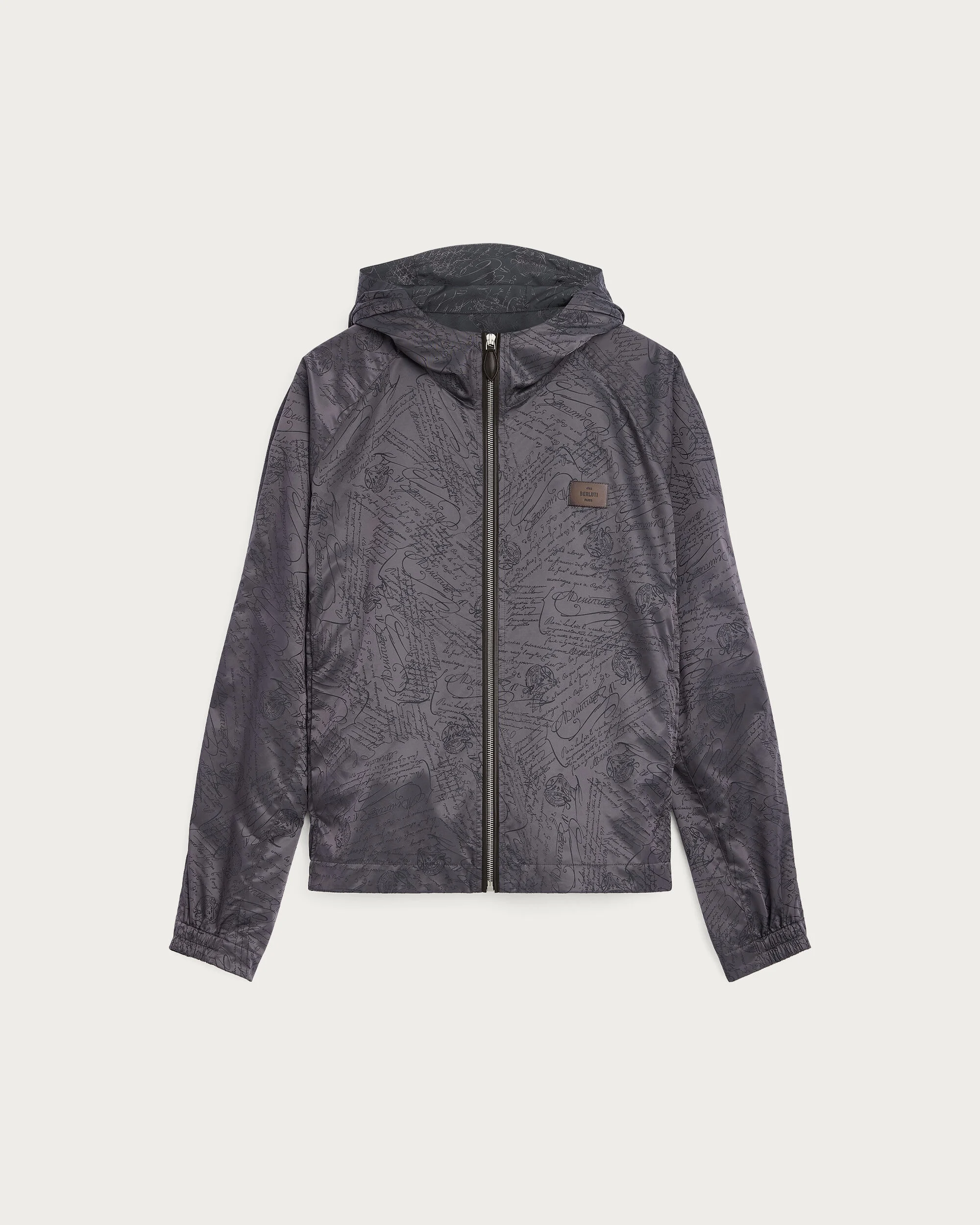 Scritto Pattern Hooded Blouson with Leather Details, Warm Grey, hi-res