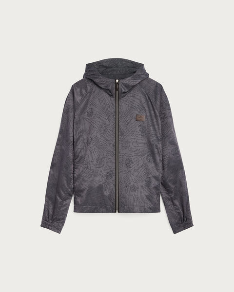 Scritto Pattern Hooded Blouson with Leather Details, Warm Grey, hi-res