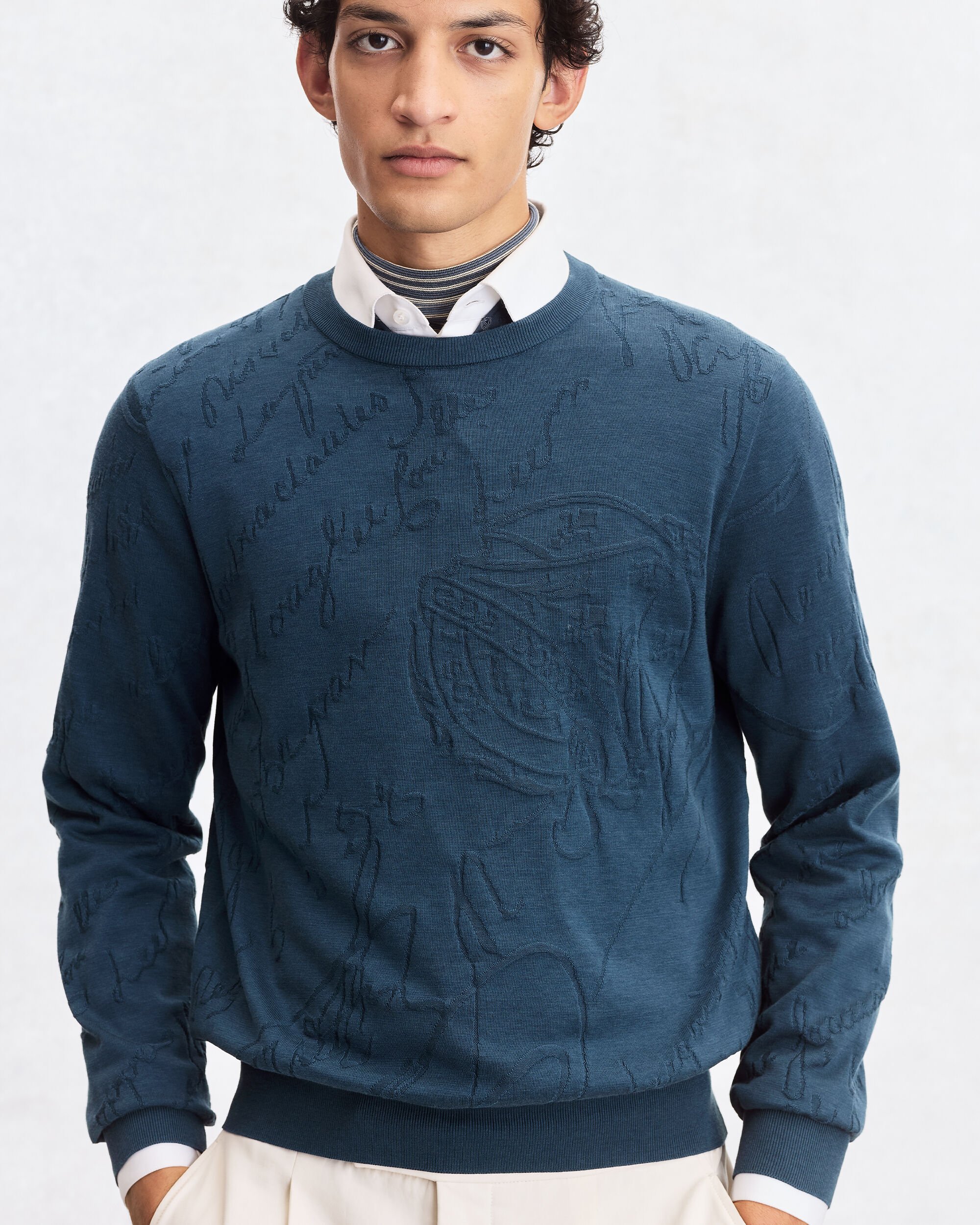 Diagonal Scritto Pattern Crewneck, Oceanic Wave, hi-res
