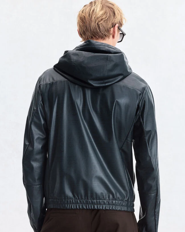 轻盈Fly Scritto图纹皮革连帽外套, Mineral Blue, hi-res