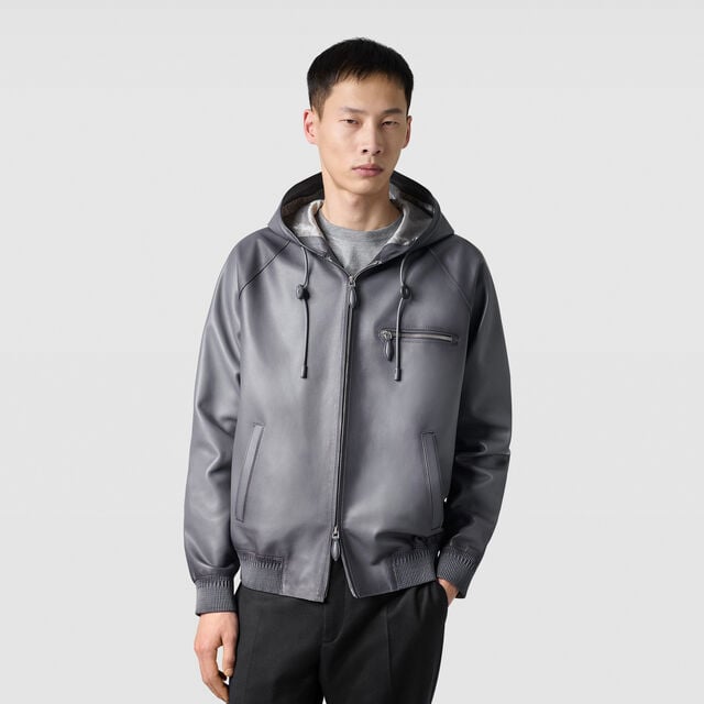 Blouson à Capuche 1 Jour en Cuir Patiné, LIGHT ALUMINIO, hi-res 2