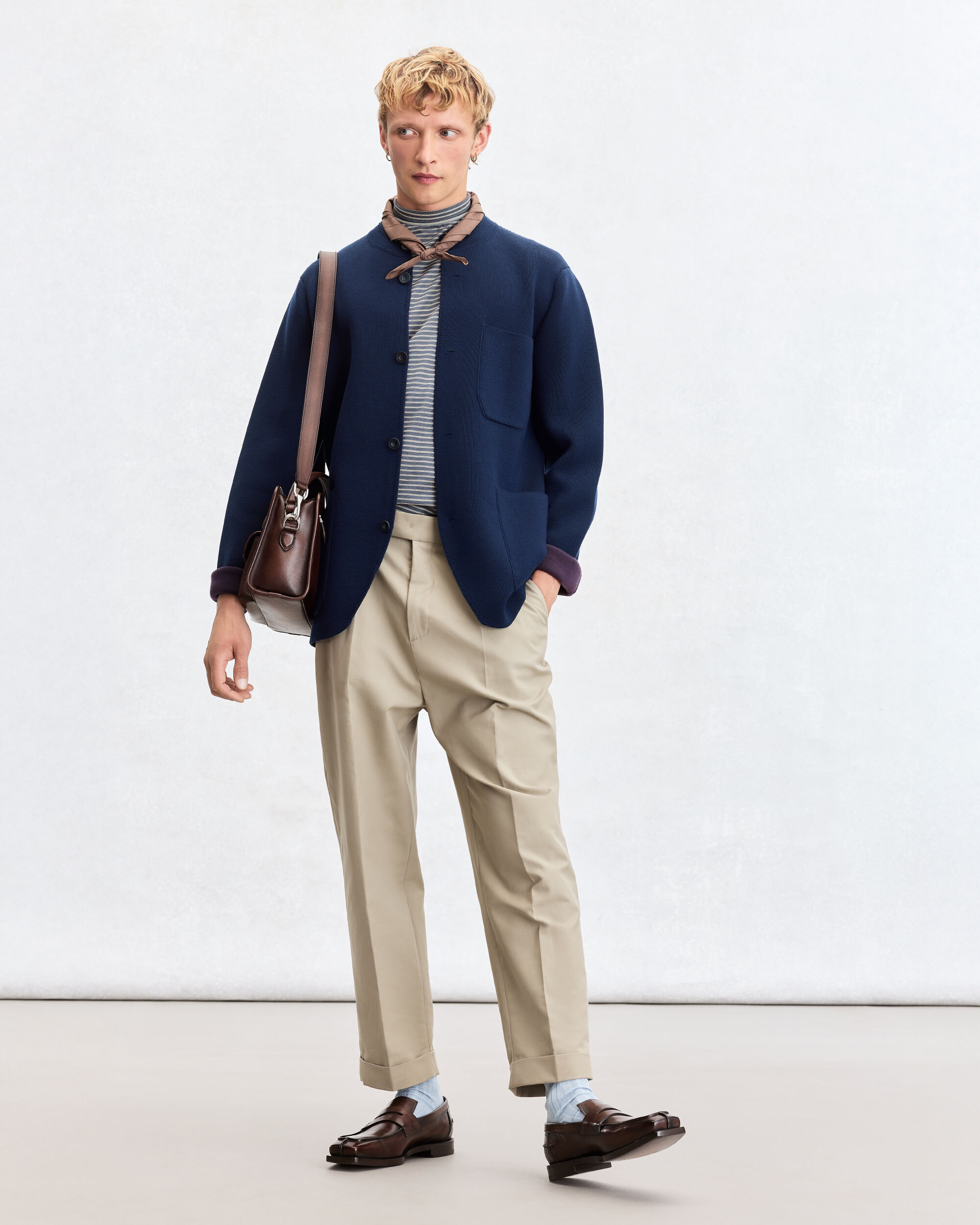 Bicolor Knitted Foresti&egrave;re with Leather Details, Navy & Purple, hi-res