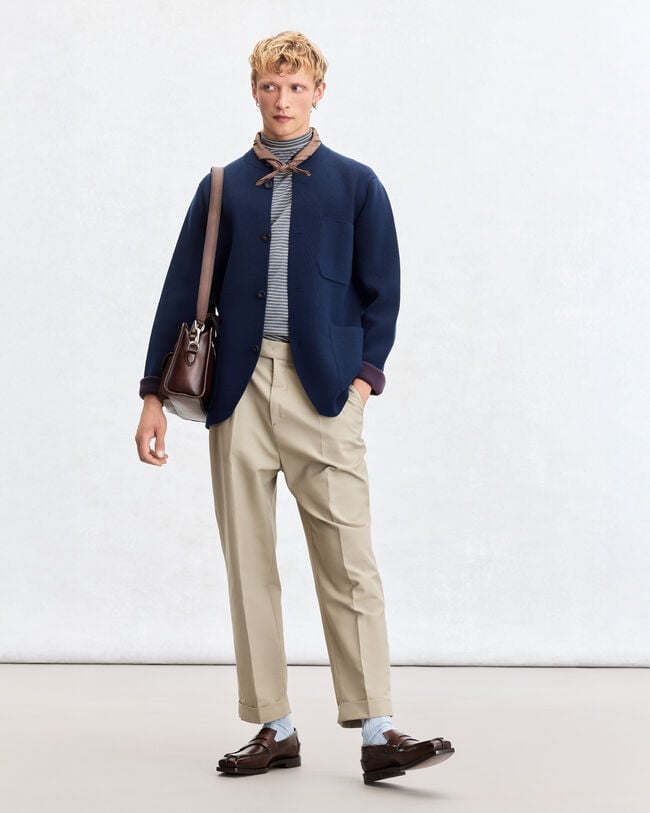 Bicolor Knitted Foresti&egrave;re with Leather Details, Navy & Purple, hi-res