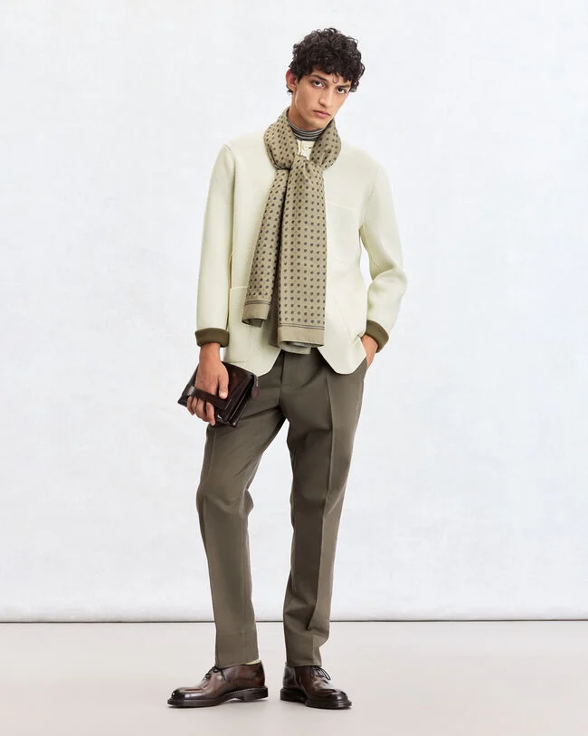 Bicolor Knitted Foresti&egrave;re with Leather Details, Ecru & Kaki, hi-res
