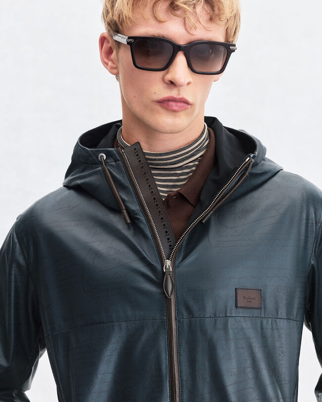 Ultralight Fly Scritto Pattern Leather Hooded Blouson, Mineral Blue, hi-res