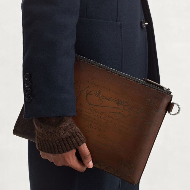 Nino GM Scritto Leather Clutch, CACAO INTENSO, hi-res 2