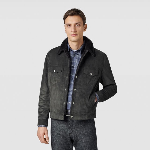 Corduroy Denim Jacket with Shearling Inside, ANTHRACITE, hi-res 2