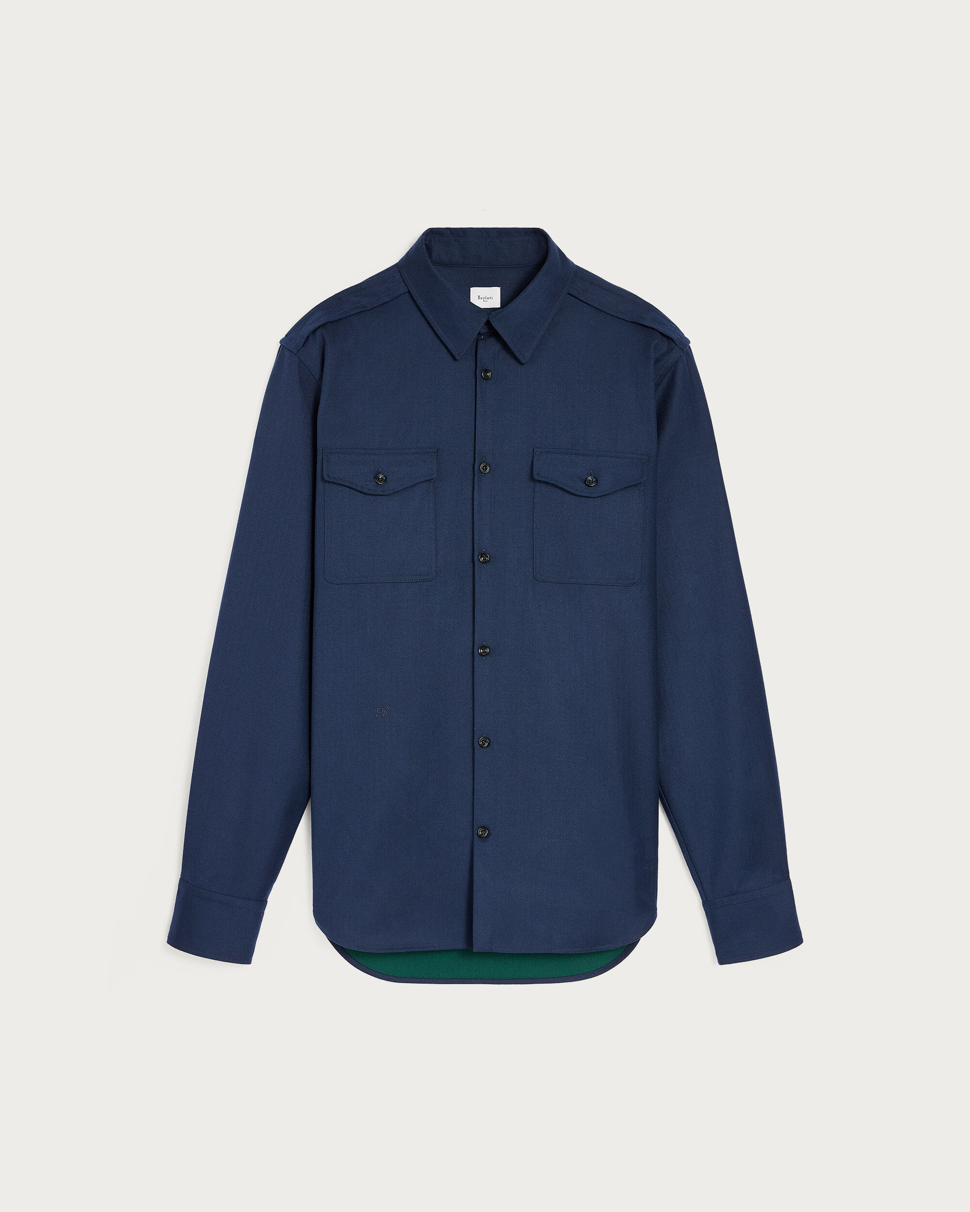 Aviator Shirt with B-Thabor Embroidery  and Leather Detail, Winter Blue & Valley Green, hi-res