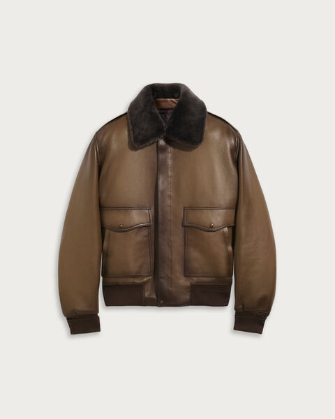 Patina Flight Jacket with Shearling Collar, Deep Sepia, hi-res