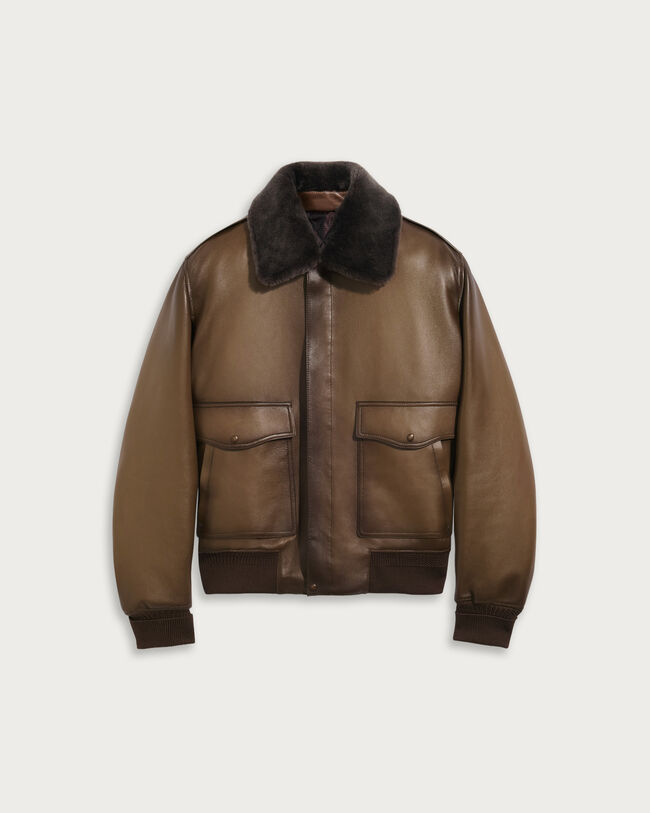 Patina Flight Jacket with Shearling Collar, Deep Sepia, hi-res