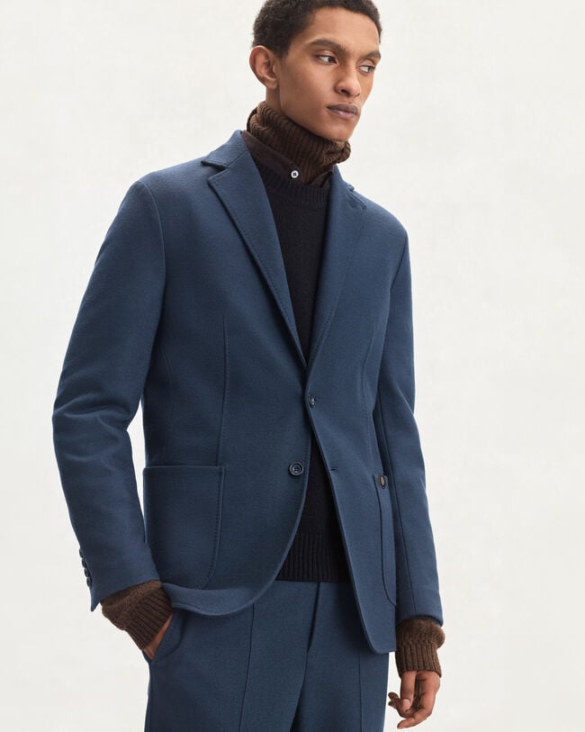 Veste en Jersey avec D&eacute;tail en Cuir, Midnight Blue, hi-res