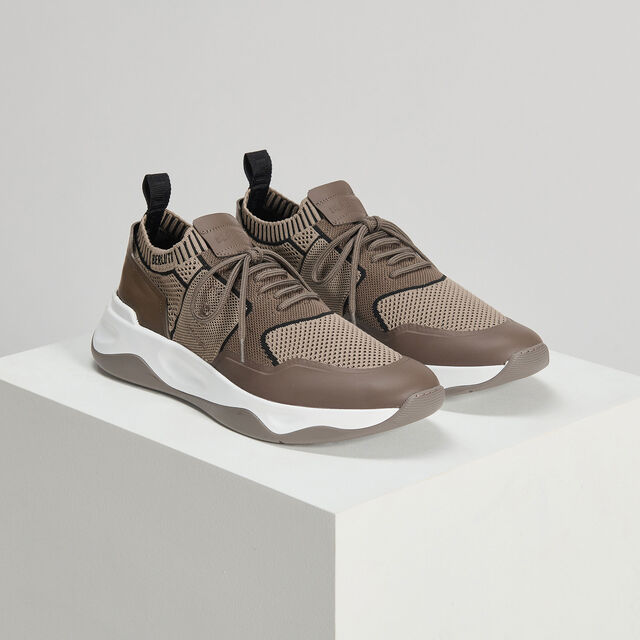 Shadow Rubber Coated Knit And Calf Leather Sneaker, LIGHT KAKI / BEIGE, hi-res 3