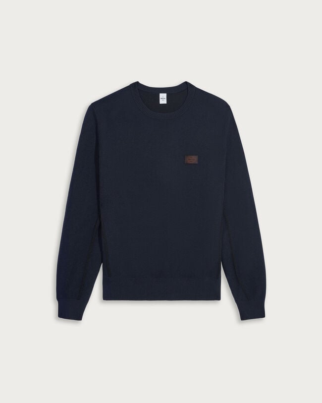 Pull &agrave; Col Rond Shadow avec D&eacute;tail en Cuir, Navy, hi-res