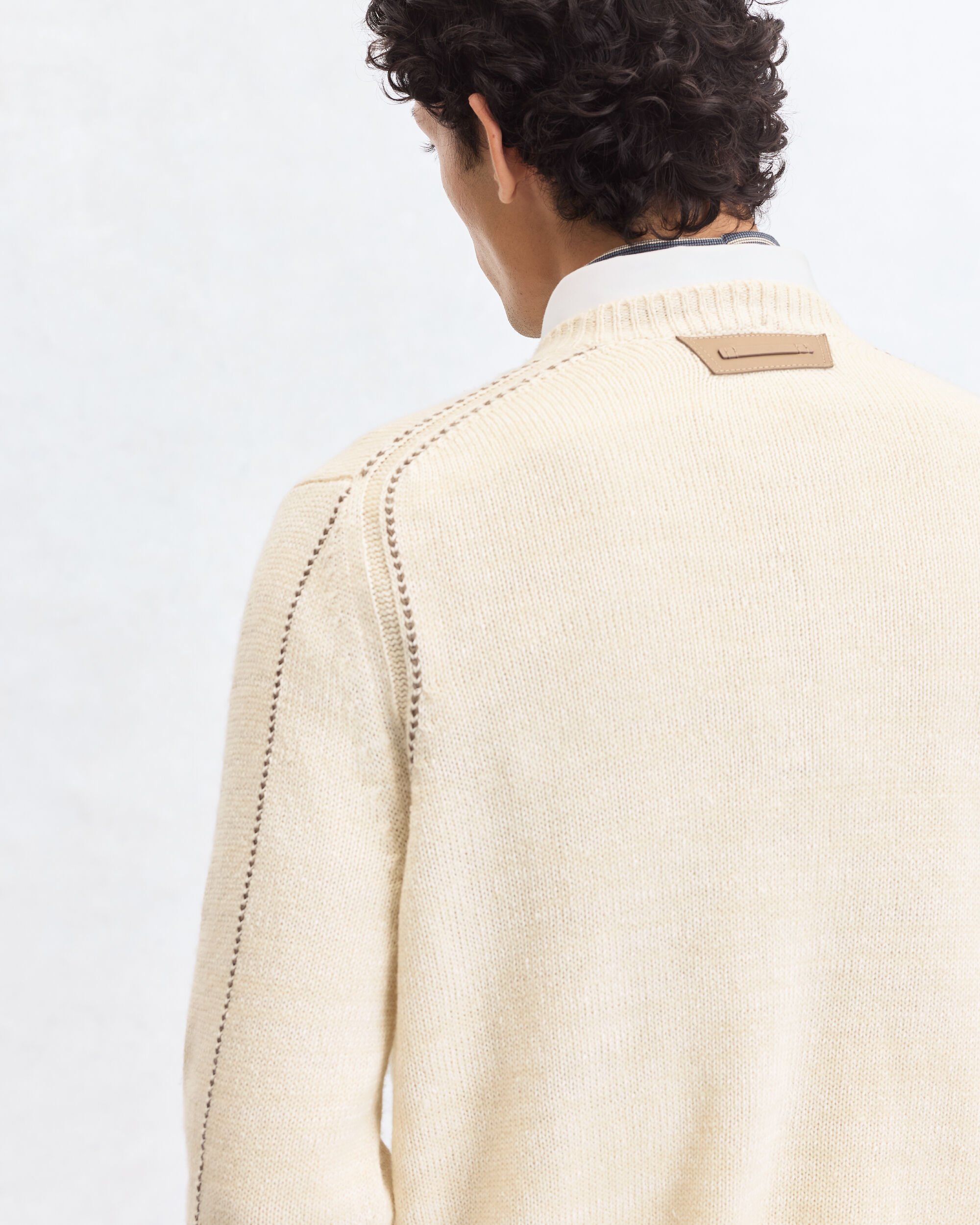 Leather Braiding Crewneck, Off White, hi-res