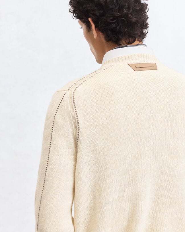 Leather Braiding Crewneck, Off White, hi-res