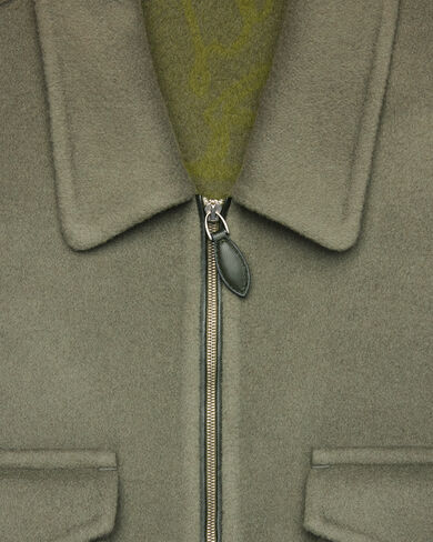 Double Face Zipped Overshirt with Leather Detail, Kaki & Internal Giant Scritto, hi-res